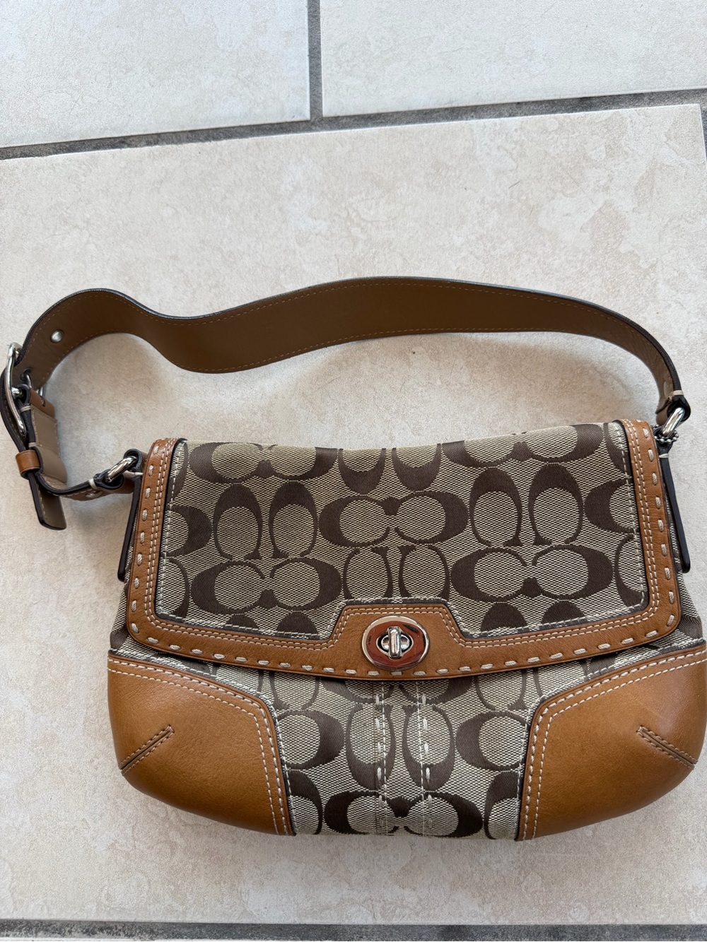 Coach Signature Canvas Shoulder Bag in Brown and Tan